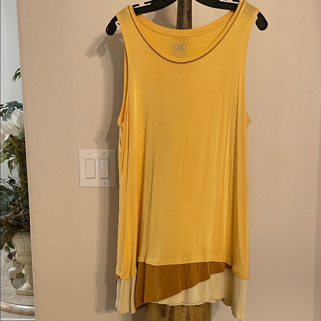 Logo Lori Goldstein Sunlit Yellow W Tan Layered Tunic Top Buttery Soft Sz L